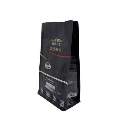 comprare Luxury Black Aluminum Foil Rivestito 250g 8 lati sigillati Flat Box Bottom Coffee Bags With Valve And Rip Zipper online manufacture