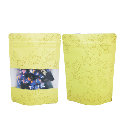 comprare Giallo foglia d'acero design foglio rivestito antiodore Stand Up Zipper sacchetti con finestra trasparente opaca per imballaggi alimentari online manufacture