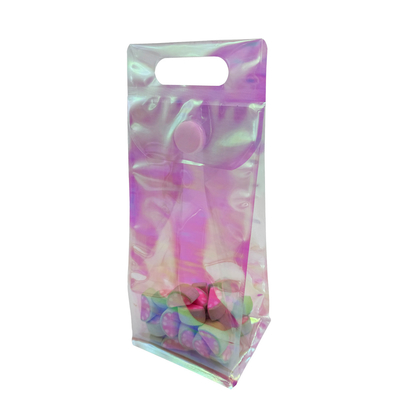 comprare Borsa olografica personalizzata rosa arcobaleno trasparente fondo piatto borse in piedi con taschino appiccicoso ricapribile per accessori di caramelle online manufacture