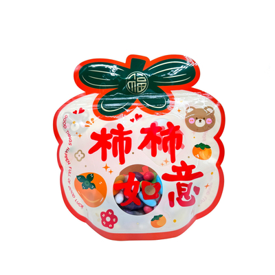 Borse a forma di persimmone di colore arancione stampate con serratura a zip con finestrino trasparente e fondo per l' imballaggio di snack per bambini